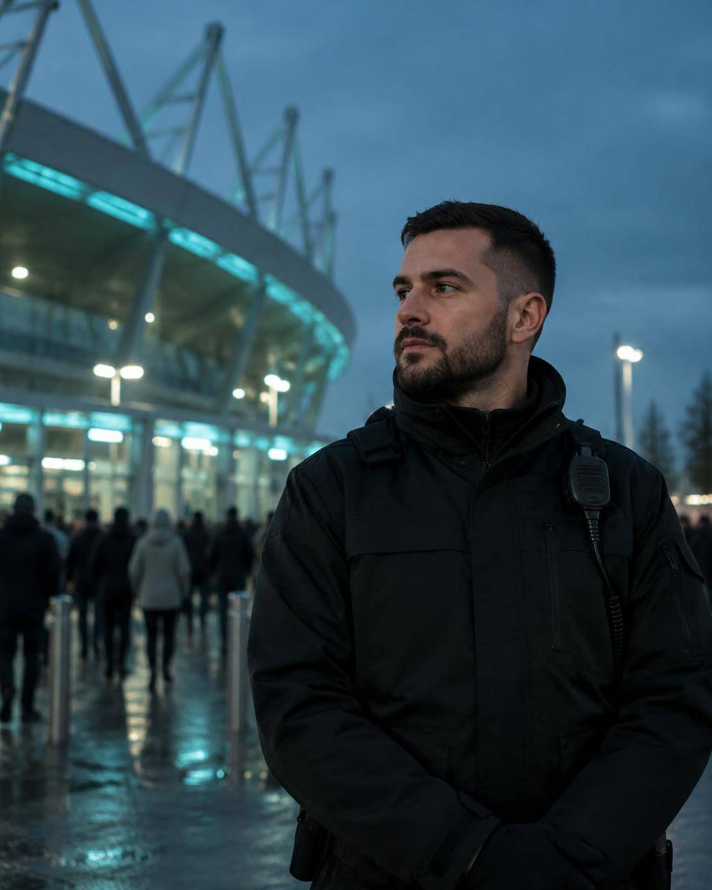Security-Mitarbeiter checkt am Stadiontor mit der Quickjob App ein