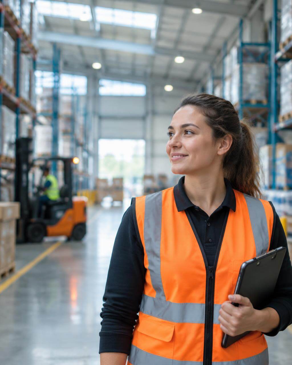Lagermitarbeiterin checkt in der Logistikhalle mit der Quickjob App ein